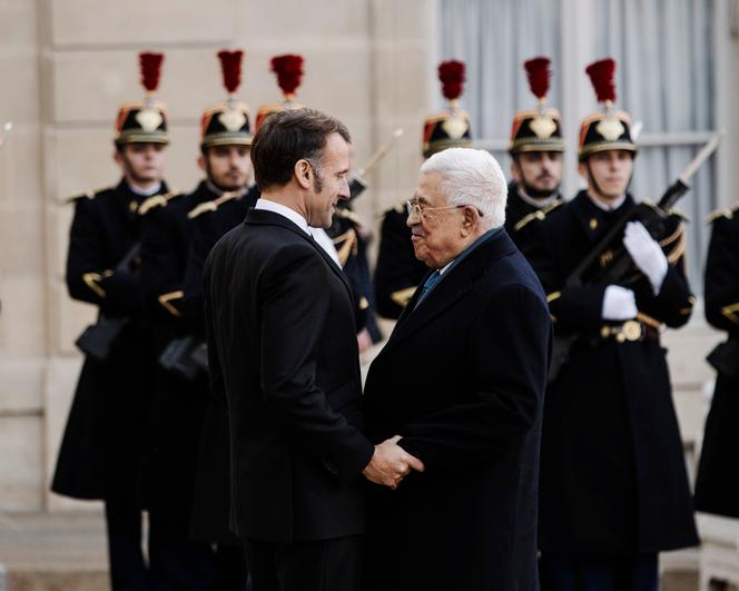 French President Emmanuel Macron and Palestinian Authority President Mahmoud Abbas at the Elysée in Paris on November 11, 2025