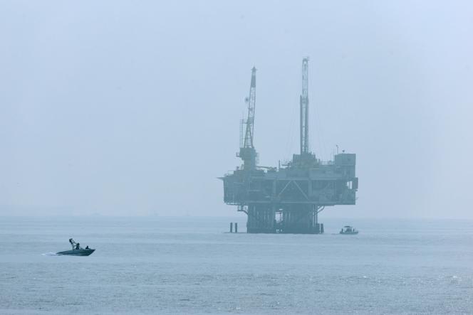 The Esther offshore oil platform, near the California coast, at Seal Beach, November 11, 2025.