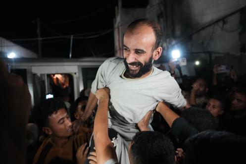 Palestinian prisoners are greeted upon arrival in the Gaza Strip, after being released from Israeli prison, November 12, 2025.