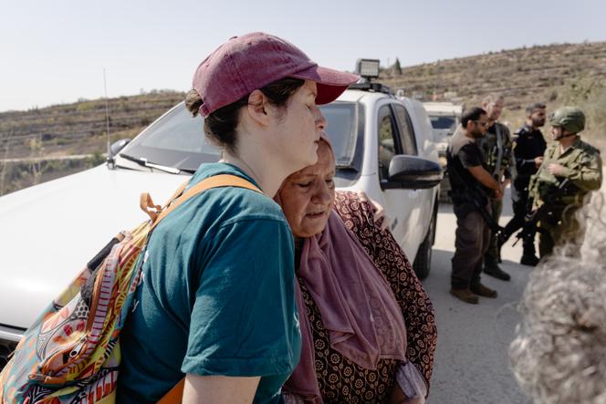 Occupied West Bank, October 17, 2025. Next to the settlements of Elazar, Neve Daniel and Netiv Haavot. Activists from the Peace Fighters association help a Palestinian farmer harvest his olives. The farm has several olive trees that have been inaccessible to Palestinians for two years. The army was called in to evict Palestinian activists and residents. A Palestinian woman left the scene reluctantly. Mia Biran, activist, comforts a Palestinian woman who came to harvest her olives.