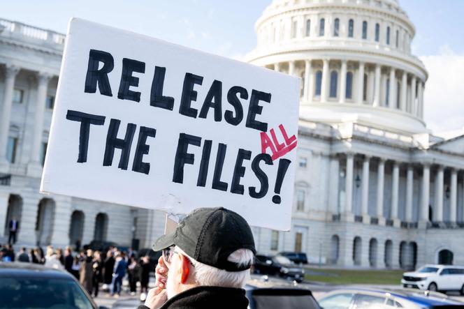 A sign calling for the release of the Jeffrey Epstein case files, in front of the Capitol, in Washington, November 12, 2025. 