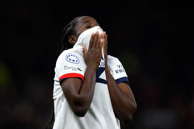 Paris player Griedge Mbock during the match between PSG and Manchester United, at Old Trafford stadium, in Manchester (England), November 12, 2025.