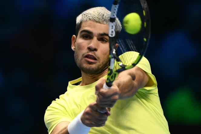 Carlos Alcaraz during his match against Lorenzo Musetti at the ATP Masters in Turin, Italy, November 13, 2025.