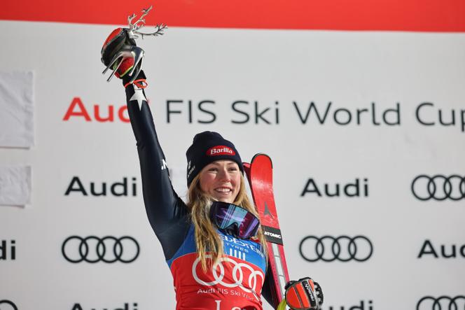 American Mikaela Shiffrin celebrates on the podium, after winning the slalom at the World Cup round in Levi, Finland, November 15, 2025.
