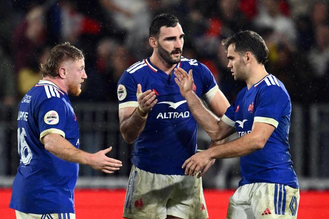 Maxime Lamothe, Charles Ollivon and Damian Penaud (from left to right), at the final whistle of the match against Fiji, at the Stade Atlantique in Bordeaux, Saturday 15 November 2025.