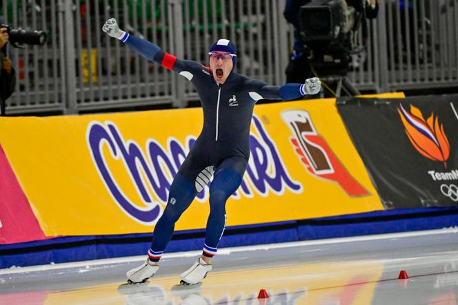 Timothy Loubineaud after winning, world record, 5,000 m speed skating World Cup round in Salt Lake City (Utah, United States), November 14, 2025.