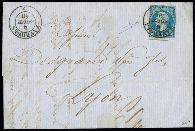 Faverges, cachet à date sarde du 4 aout 1860, 500 euros chez Le Timbre classique en octobre.

