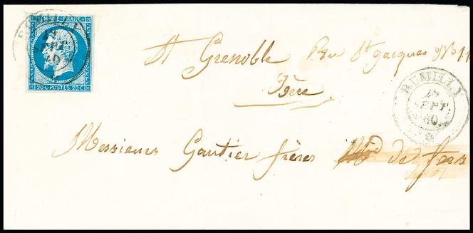 Lettre au départ de Rumilly pour Grenoble, cachet à date sarde de Rumilly du 29 septembre 1860. Prix de départ à 650 euros (vente sur offres Le Timbre classique, clôturée le 9 décembre).
