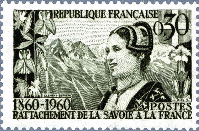 Centenaire du rattachement du duché de Savoie (1860-1960). Timbre dessiné par Clément-Serveau, gravé par Jules Piel, imprimé en taille-douce. Tirage : 4,5 millions d’exemplaires.