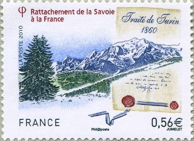 Rattachement du comté de Nice à la France (1860-2010). Dessiné et gravé par Claude Jumelet et imprimé en taille-douce. Tirage : 2,75 millions d’exemplaires. 