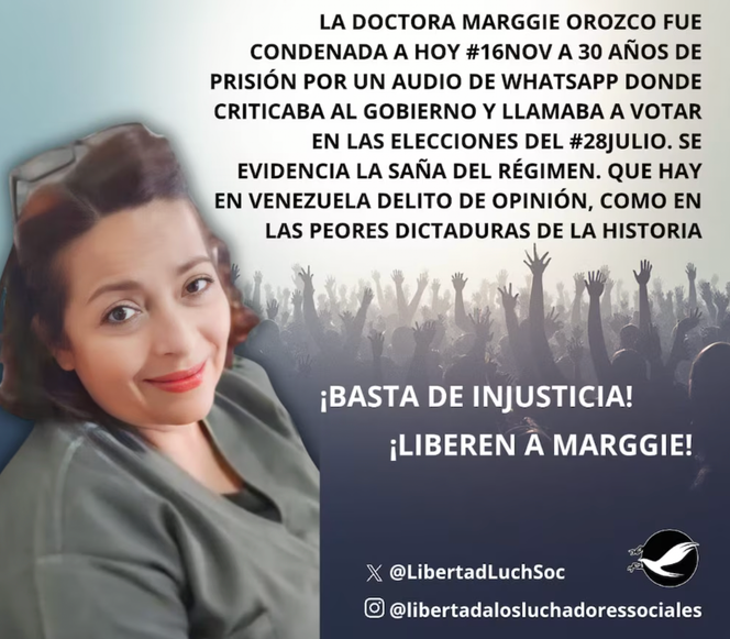 Un visuel créé par l’ONG Comité por la Libertad de los Luchadores Sociales en soutient à Marggie Orozco, condamnée à trente ans de prison pour un message critiquant le gouvernement de Nicolas Maduro.
