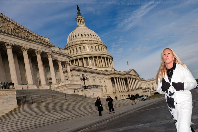 Marjorie Taylor Greene arrives at a press conference in front of the US Capitol in Washington, November 18, 2025.