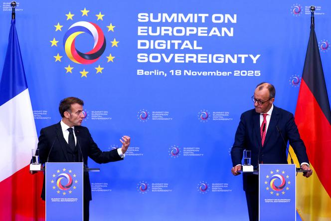 Le président de la République, Emmanuel Macron, et le chancelier allemand, Friedrich Merz, lors du Sommet sur la souveraineté numérique européenne, à Berlin, le 18 novembre 2025.