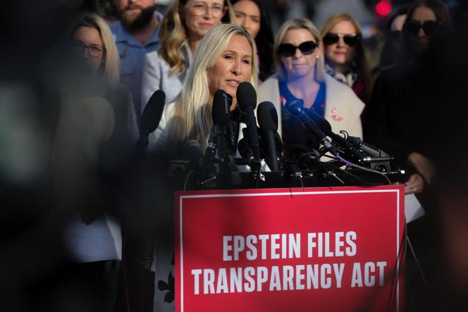 Republican Representative Marjorie Taylor Greene (Georgia) during a press conference with alleged victims of Jeffrey Epstein, at the Capitol, in Washington, November 18, 2025.