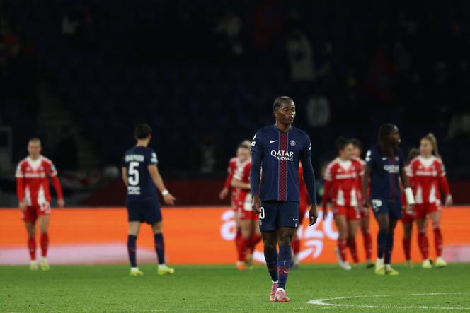 PSG player Merveille Kanjinga is disappointed after conceding his team's third goal against Bayern Munich, at the Parc des Princes, Paris, 20 November 2025.