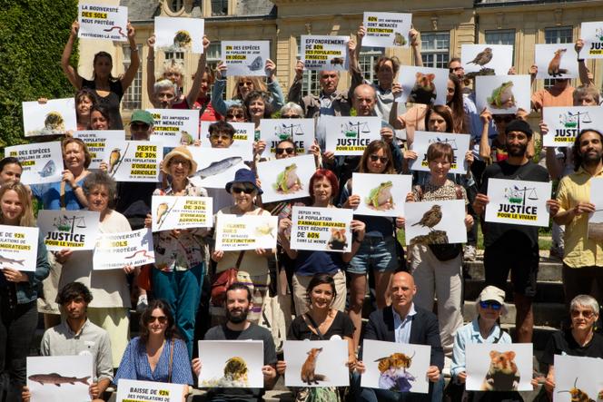 Des militants de cinq ONG environnementales devant le tribunal administratif de Paris avant le début de l’audience dans l’affaire « Justice pour le vivant », Paris, le 1er juin 2023.