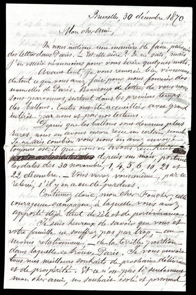 Texte transporté en novembre 1870 par ballon monté, le « Ville-d’Orléans », pour Amiens (Somme).