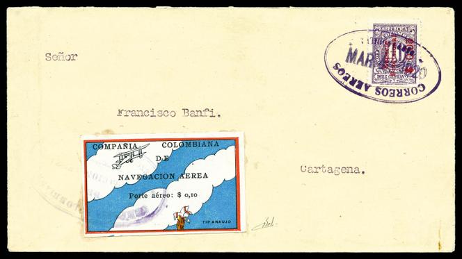 Colombie, lettre de Barranquilla pour Carthagène de mars 1920, avec timbre de la « Compania colombiana de navegacion aerea », 1 300 euros.