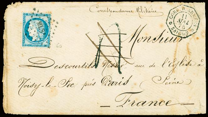 Prix de départ à 1 300 euros pour cette lettre affranchie au Tonkin d’un 25 centimes « Cérès », cachet à date en transit « Corr d’Armées/Saigon » du 11 mai 1875, plus une taxe (pour le 25 centimes non valide), barrée, et timbre oblitéré par l’ambulant Marseille à Lyon Spécial (MLS).