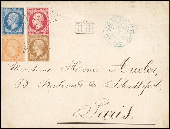 Lettre avec cachet bleu croix potencée « Poste française-Jérusalem », affranchissement quadricolore (10 centimes bistre, 20 centimes bleu, 40 centimes orange, 80 centimes carmin) « Napoléon III » non lauré légendé « Empire franc. » de 1853-1862, pour Paris, arrivée le 6 décembre, 27 000 euros.