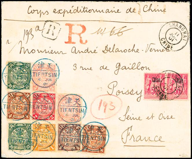 1 500 euros sont attendus pour cette lettre recommandée du corps expéditionnaire de Chine pour la France, à destination de Poissy, avec un affranchissement mixte bureau français en Chine-Chine, oblitération de Tientsin du 6 juillet 1901 et de Shanghaï du 11 juillet 1901.