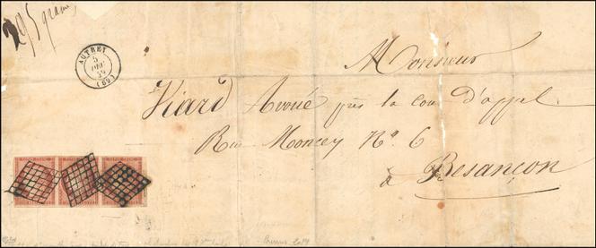 Bande de trois du 1 franc vermillon « terne », dit « étrusque », sur grand fragment de lettre, cachet à date d’Autrey, le 5 décembre 1849, pour Besançon, 90 000 euros.