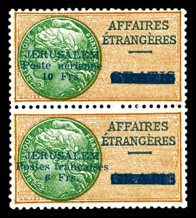 Poste consulaire française de Jérusalem, paire de timbres à 10 francs orange et vert (« Poste aérienne ») tenant à 6 francs orange et vert (« Poste françaises »), 6 500 euros.