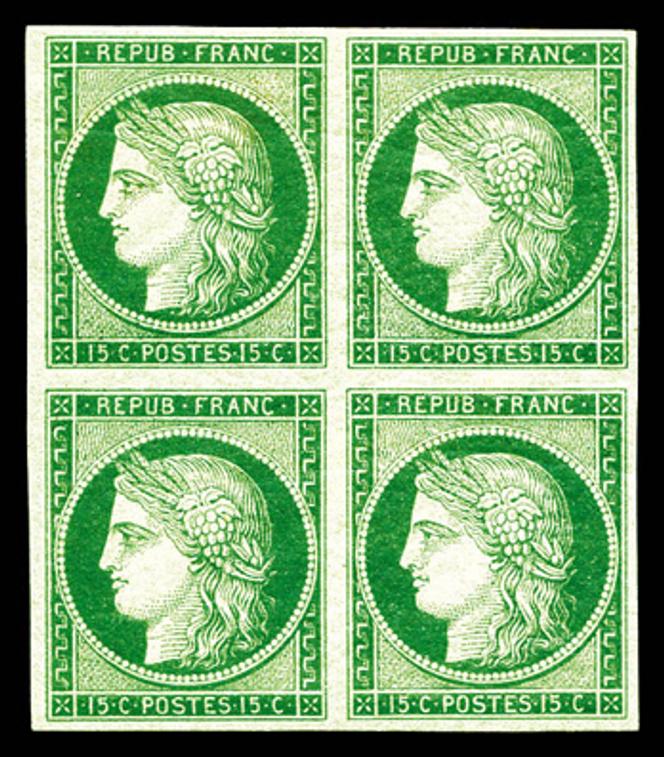 Bloc de quatre du 15 centimes vert foncé « Cérès », 95 000 euros.