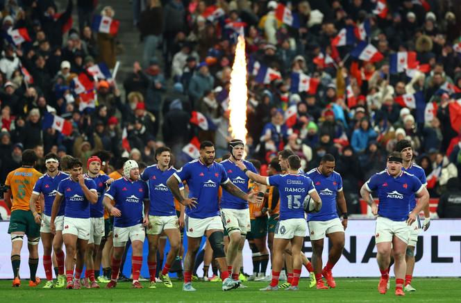 L’équipe de France masculine de rugby à la fin de leur match de la tournée d’automne face à l’Australie, le 22 novembre 2025 à Saint-Denis (Seine-Saint-Denis).
