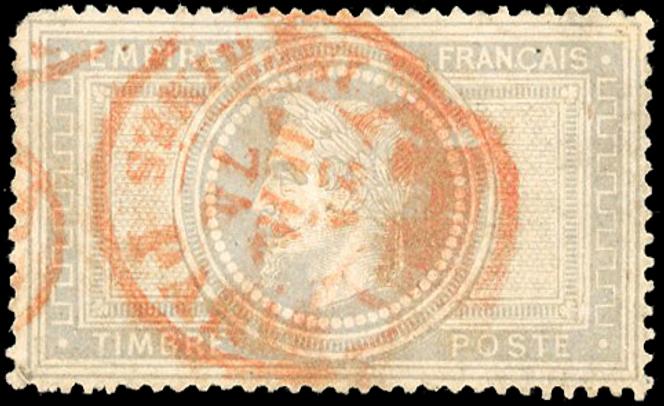 5 francs « Empire », sans le « 5 » et le « F » imprimés normalement de part et d’autre de l’effigie, oblitéré du cachet rouge des imprimés de Paris, du 31 juillet 1874, 50 000 euros. Etat défectueux du timbre « habituel » pour cette variété.