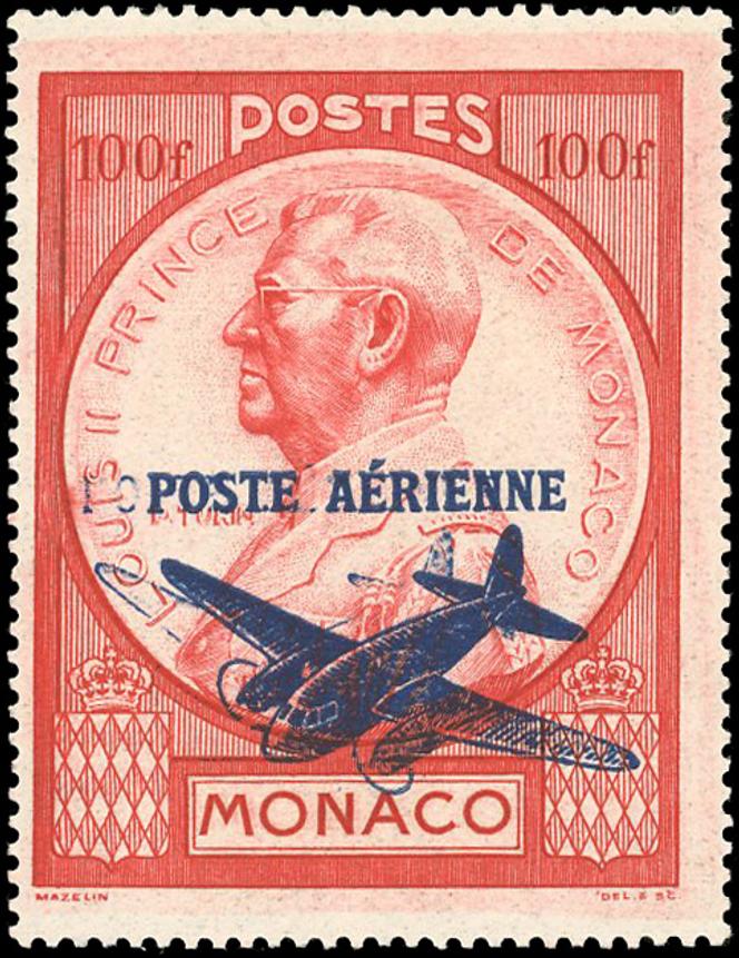 Monaco, variété de double surcharge sur le 100 francs rouge de poste aérienne (1946), prix de départ à 14 000 euros.
