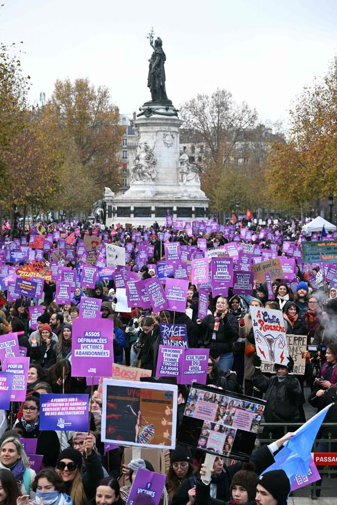 At the start of a Paris procession to express their outrage at the persistence of violence against women and demand greater public effort, Place de la République, Saturday 22 November