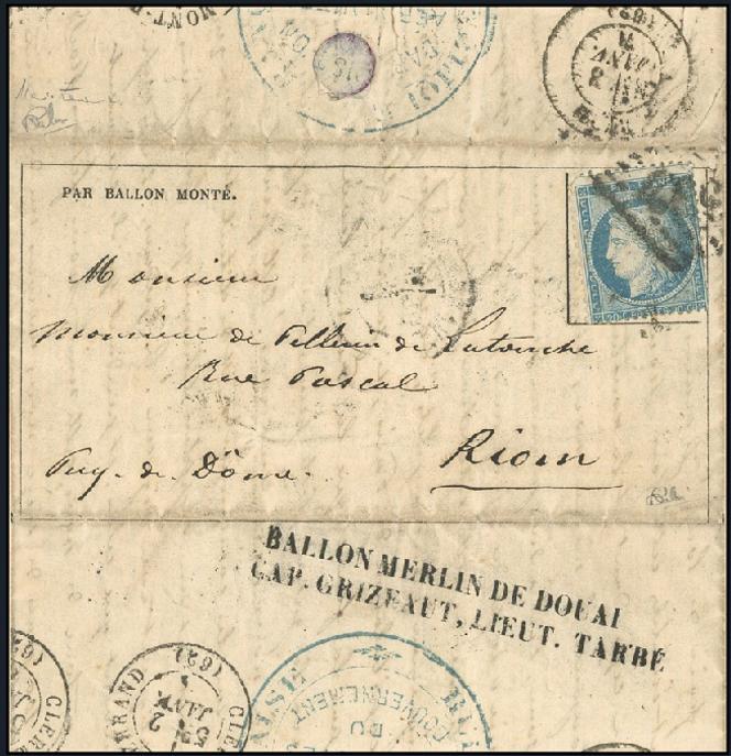 Guerre-franco-prussienne de 1870-1871, pli transporté par ballon monté, confié au « Merlin-de-Douai », « Gazette des absents » datée du 25 décembre 1870, à destination de Riom (Puy-de-Dôme) touchée le 3 janvier 1871, avec cachet des aérostiers, 80 000 euros.