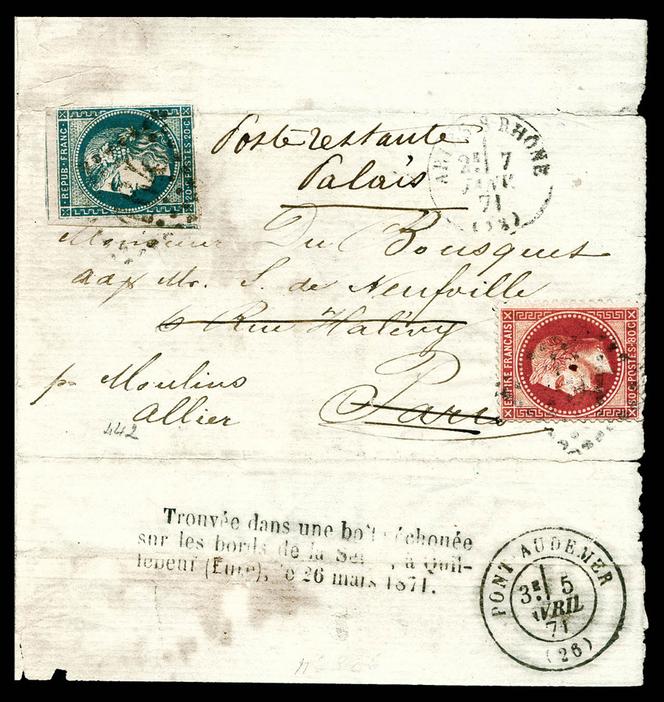 Guerre franco-prussienne de 1870-1871, tentative d’entrée dans Paris d’un courrier transporté dans une « boule de Moulins » avec un cachet à date de repêchage à Pont-Audemer du 5 avril 1871 et une rare griffe « Trouvée dans une boîte échouée sur les bords de la Seine, à Quillebeuf (Eure) le 26 mars 1871 », à partir de 6 000 euros.
