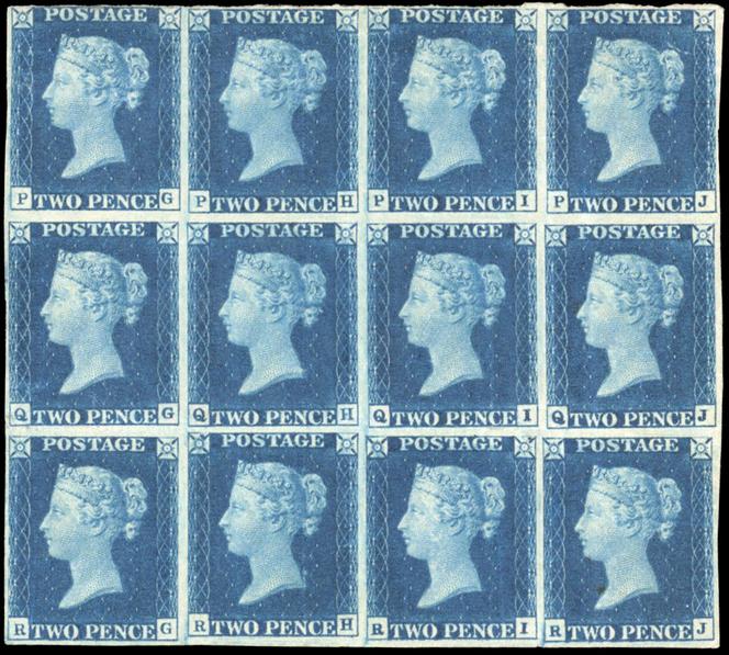 350 000 euros pour ce bloc de douze du 2 pence bleu (« two pence blue ») de 1840 de Grande-Bretagne.