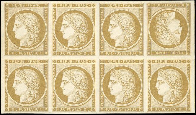 Bloc de huit du 10 centimes bistre (tirage « de Londres » de 1851), avec un tête-bêche, mis à prix à 65 000 euros.