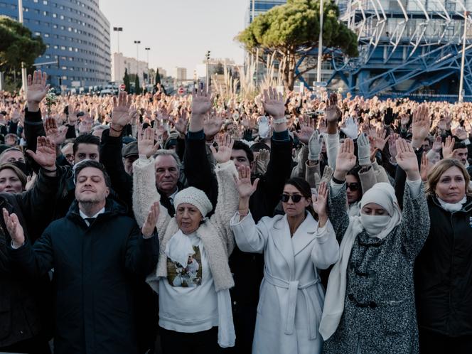 Mayor of Marseille, Benoît Payan, mother of Mehdi Kessaci, with her son Amine, and Sabrina Agresti-Roubache, former foreign minister responsible for citizenship (from left to right), in Marseille, 22 November 2025. 