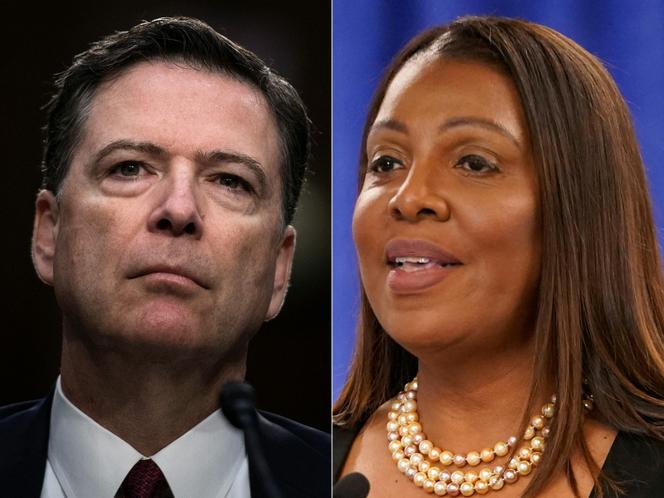 Un montage photo, montre l’ancien directeur du FBI, James Comey, au Capitole à Washington, le 8 juin 2017, et la procureure générale de New York, Letitia James, à New York, le 16 février 2024.