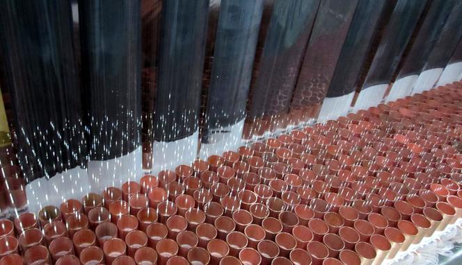 Vue d’une partie de l’intérieur de SuperNEMO avec ses feuilles de sélénium, à l’arrière, et des fils scintillants pour détecter le passage d’électrons.