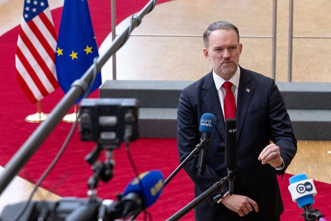 Le représentant américain au commerce, Jamieson Greer, lors d’une conférence de presse, à Bruxelles, le 24 novembre 2025.