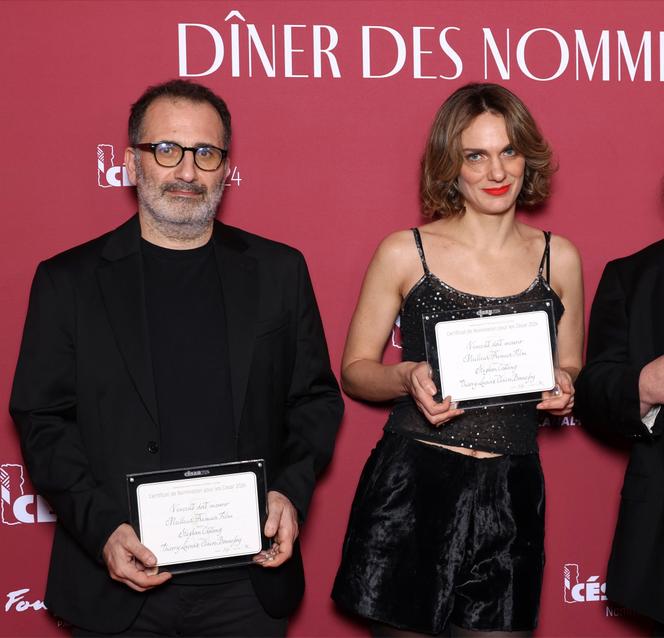Thierry Lounas et Claire Bonnefoy lors du dîner des nommés aux Césars 2024, à Paris, le 5 février 2024.