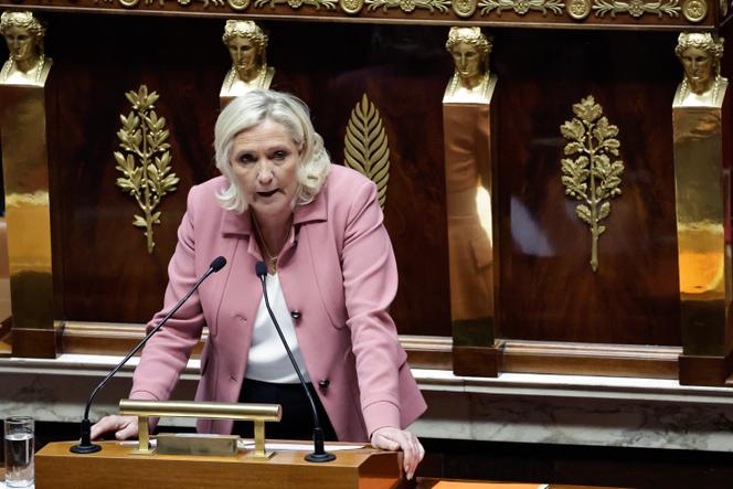Marine Le Pen, présidente du groupe parlementaire du Rassemblement national, lors d’une session consacrée à l’Ukraine et à la sécurité en Europe à l’Assemblée nationale, à Paris, le 3 mars 2025.