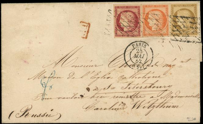 Bel affranchissement « tricolore » d’une lettre de Paris pour la Russie (1852), 15 000 euros.