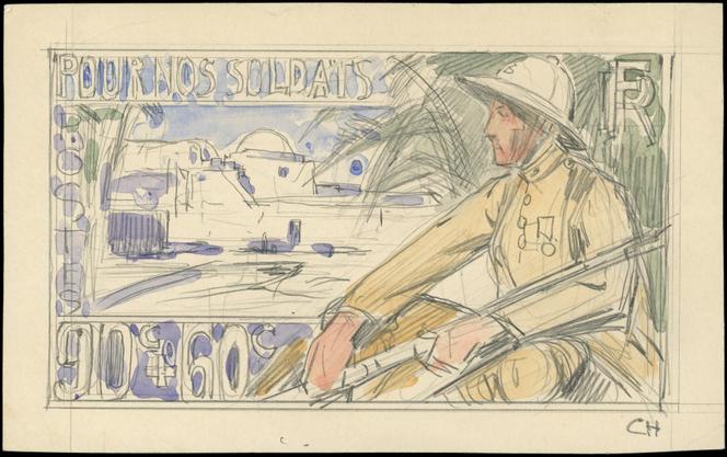 Esquisse à l’aquarelle et au crayon d’un projet de timbre non émis « Pour nos soldats », 232 euros.