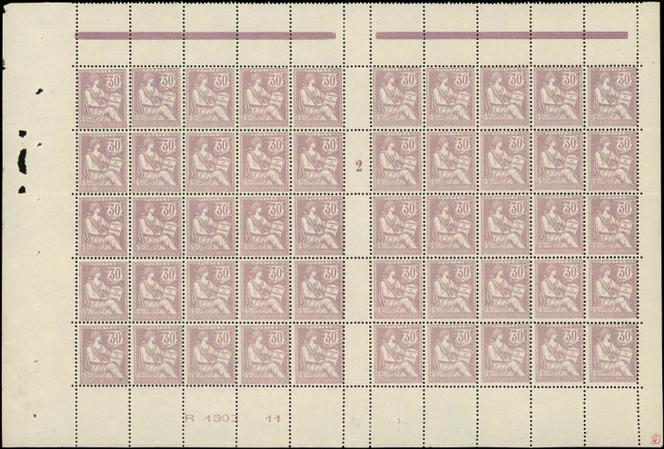 Panneau de cinquante exemplaires du 30 centimes violet au type « Mouchon », 8 000 euros.