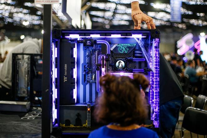 Un enfant regarde un ordinateur décoré sur le thème de Mercredi Addams, à Sao Paulo (Brésil), le 26 juillet 2023.