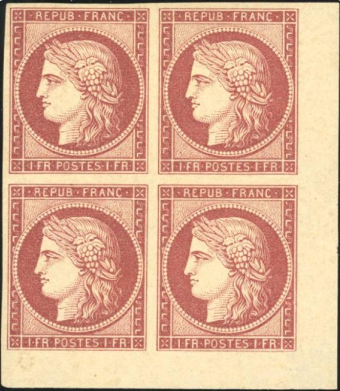 Bloc de quatre du 1 franc carmin au type « Cérès », coin de feuille, 110 000 euros, le 10 juillet chez Behr.