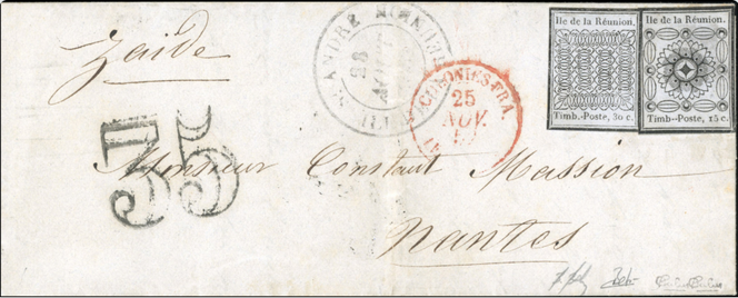 Lettre de La Réunion, du 28 août 1850, de Saint-André pour Nantes, par le « Zaïde », cachet d’arrivée le 25 novembre 1850, 63 918 euros, le 10 juillet chez Behr.