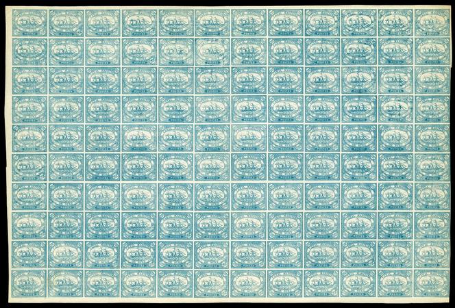 Egypte, collection de timbres de la Compagnie du Canal de Suez (1868) – en feuille, blocs –, près de 300 timbres, estimée 15 000 à 30 000 francs suisses, parmi lesquels cette feuille de 120 exemplaires du 20 centimes bleu.