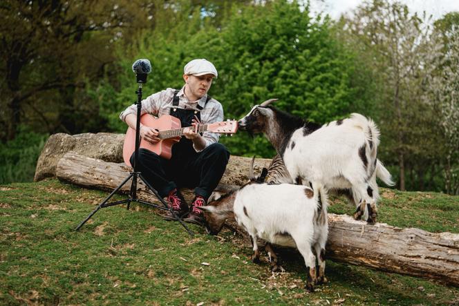 Loris Assadian, alias Plumes, au parc Branféré, au Guerno (Morbihan), dans le cadre d’un projet d’étude mené en collaboration avec des chercheurs de l’université de Nanterre, visant à mesurer l’impact de la musique sur le bien-être des animaux, le 16 avril 2025.